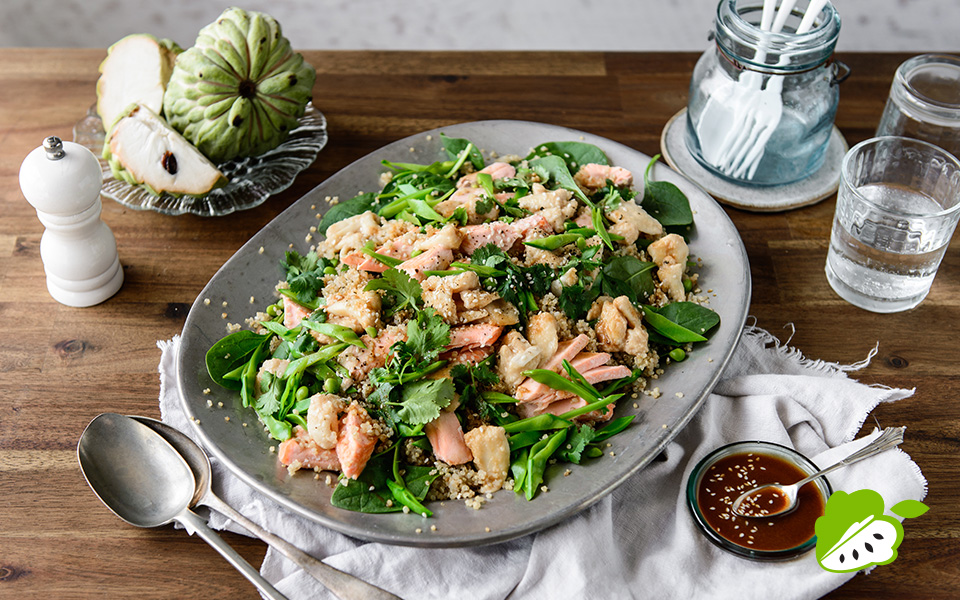 Caramelised Custard Apple, Salmon & Quinoa Salad
